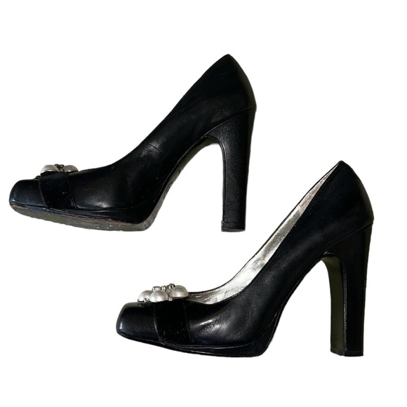 Hale Bob Black Leather Embellished Rhinestone Pearl Square Toe Chunky Heels - 8 - Picture 9 of 16